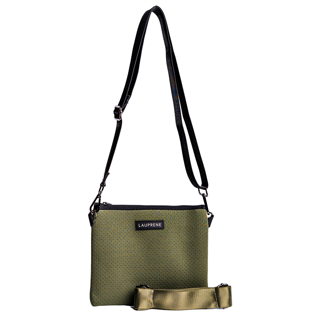 Lauprene Khaki neoprene cross body messenger bag with a solid black adjustable strap and solid khaki adjustable strap