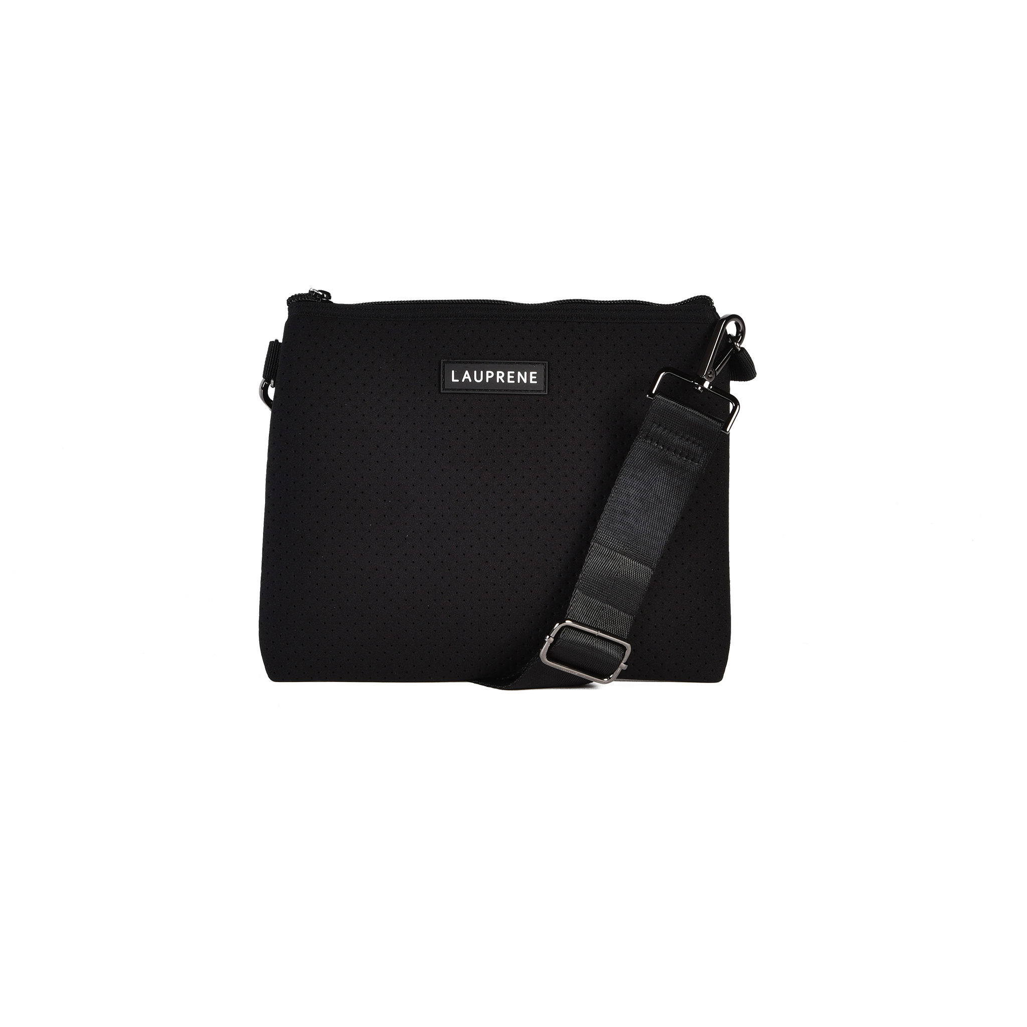 Lauprene black neoprene cross body messenger bag with a solid black adjustable strap