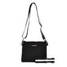 Lauprene black neoprene cross body messenger bag with a solid black adjustable strap and an additional black and white stripe adjustable strap