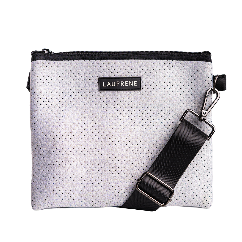 Lauprene light grey neoprene cross body messenger bag with a solid black adjustable strap 