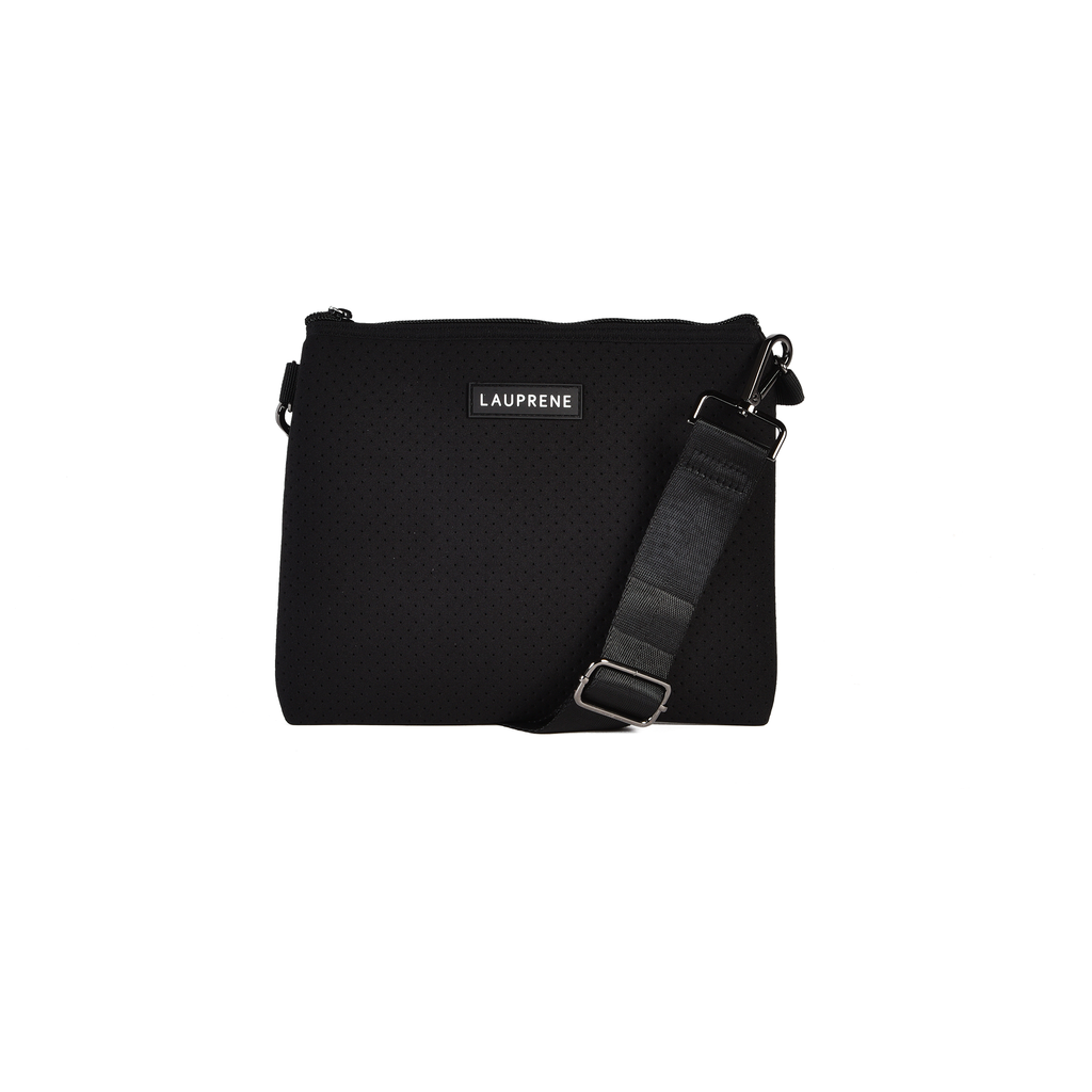Lauprene black neoprene cross body messenger bag with a solid black adjustable strap 